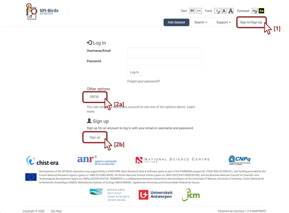 Screenshot of SPI-Birds repository indicating where to sign in/sign up and the two ways of signing up: directly in the repository or via ORCID.