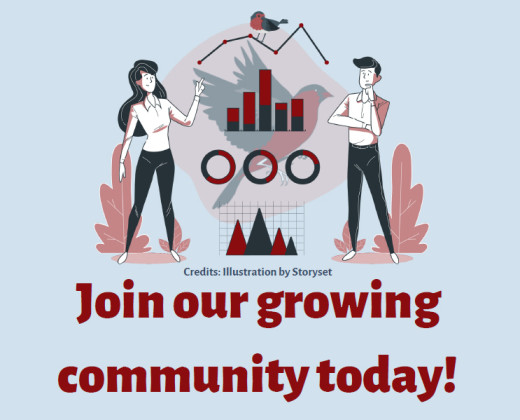 Snippet of SPI-Birds promotion flyer that says "Join our growing community today!" and shows an illustration of two researchers and various visualisations of the data they have gathered while studying birds.
